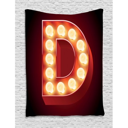 Letter D Tapestry, Stylized D with Electricity Theme Old Fashioned Cinema Theater Show, Wall Hanging for Bedroom Living Room Dorm Decor, 40W X 60L Inches, Vermilion Yellow Black, by