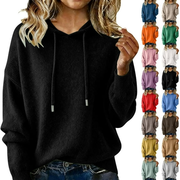 Sweaters for Women Knit Long Sleeve Hoodies Fashion Soft Cozy Lightweight Pullover Tops Fall Winter Coffee L