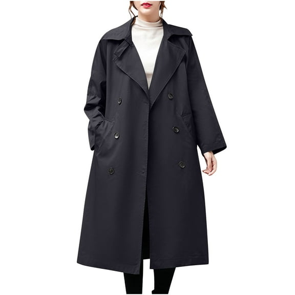 Wyobmus Long Trench Coat for Women Double-Breasted Notch Lapel Lightweight Windproof Long Sleeve Overcoat Oversized Fall Fashion Outerwear A-Black