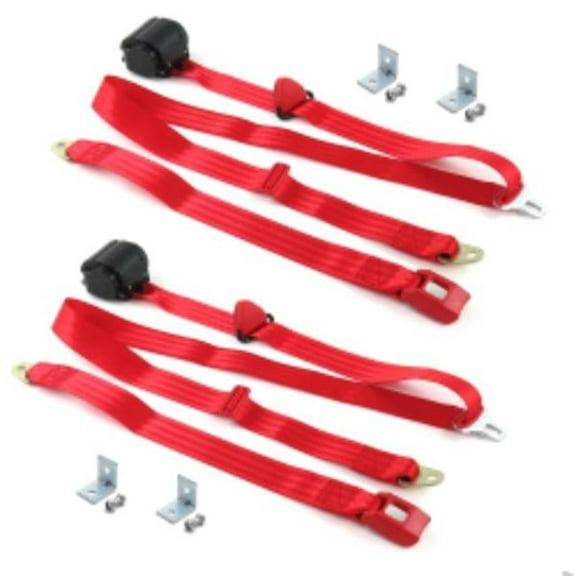 SafeTboy  Buick Roadmaster 1957-1958 Standard 3 Point Red Retractable Bucket Seat Belt Kit with Bracketry - 2 Belts
