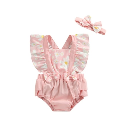 

Nokpsedcb Newborn Baby Girls Romper Outfits Fly Sleeve Flower Pattern Elastic Waist Bodysuit + Cute Headband Sets Pink 12-18 Months