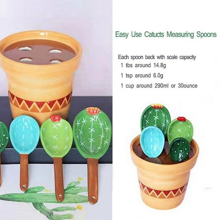 Toorise 4pcs Porcelain Measuring Spoons Set with Base Cute Cactus Shape Stirring Soup Spoon Reusable and Durable Ceramic Flower Pot Measuring Spoon