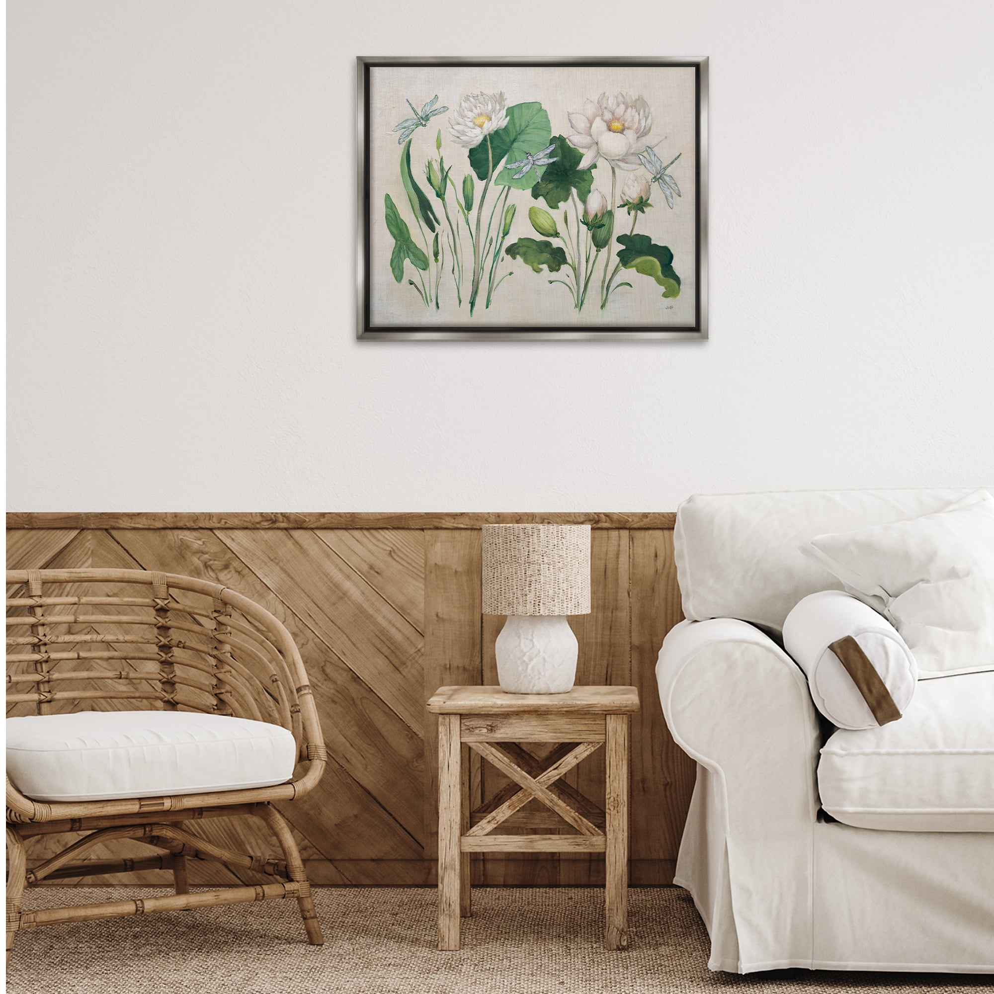 Stupell Industries Tranquil Lilies Vintage Plants & Flowers Painting Gray Floater Framed Canvas Art Print Wall Art, 31 x 25