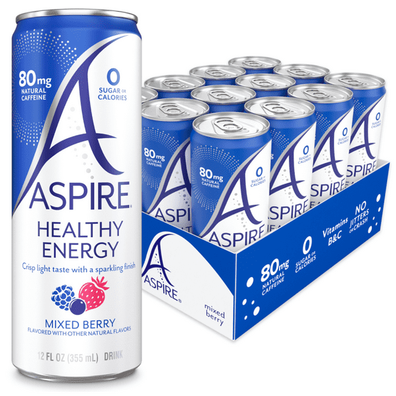 ASPIRE® Mixed Berry, Healthy Energy Drink 80mg Natural Caffeine, Zero Sugar No Carbs Keto Friendly, 12 Pack Green Tea Sugar Free Drink Low Caffeine Zero Calorie