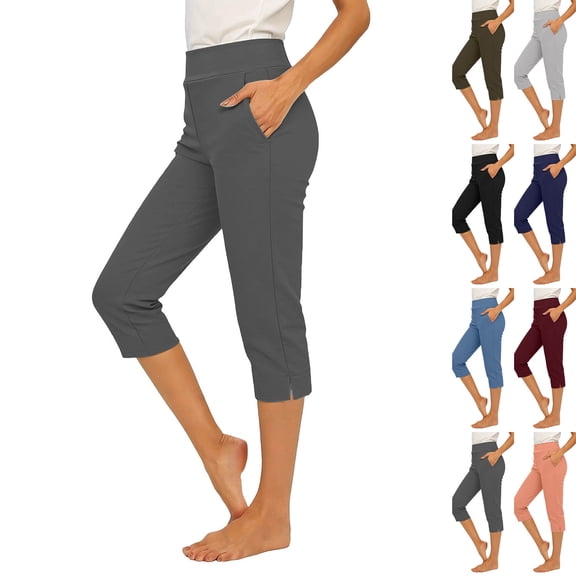 Women's Stretchy Capri Pants High Waisted Button Straight Leg Cropped Pants Workout Athletic Casual Pants Dark Gray S