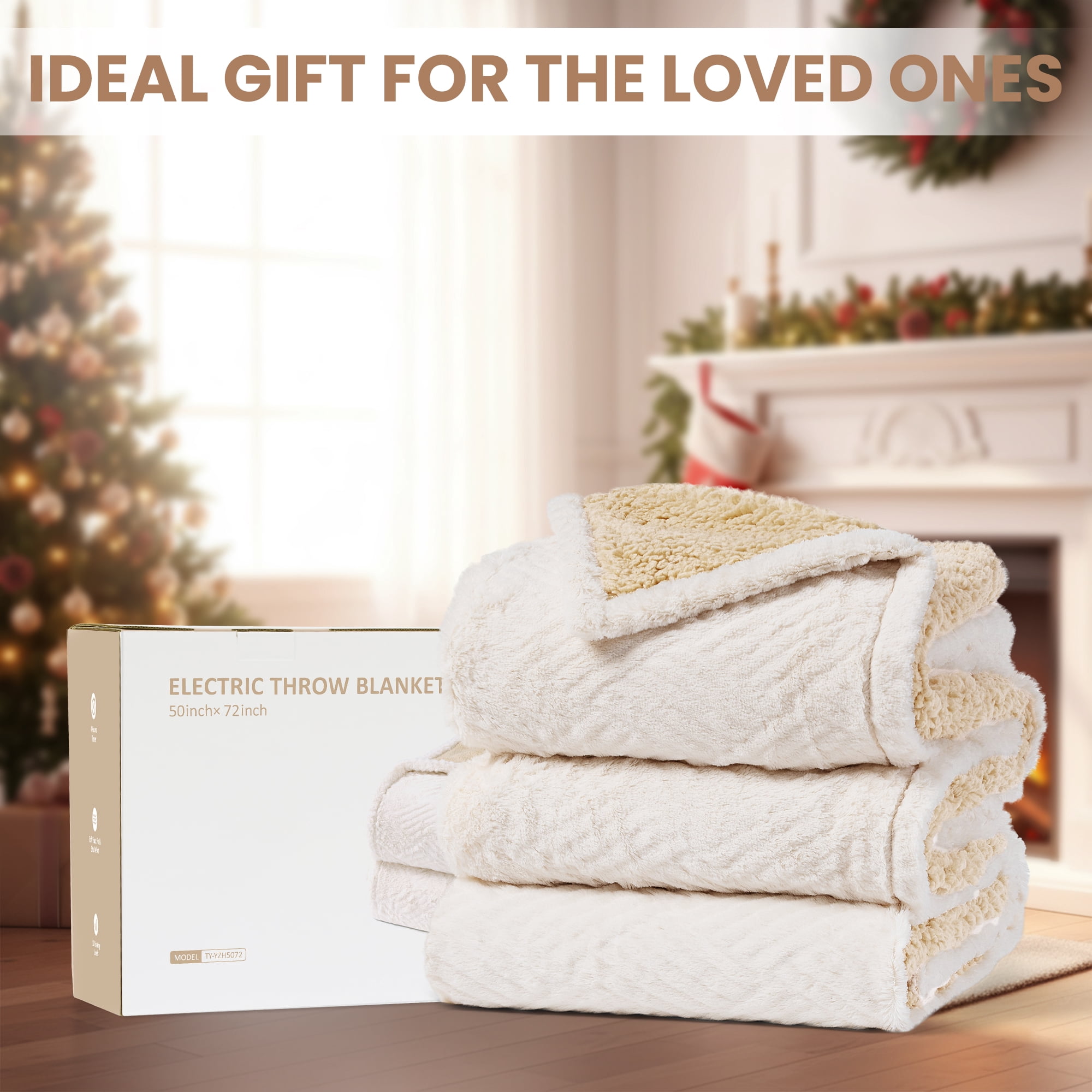 MARNUR Heated Blanket Extra Large Electric Throw 50"×72", Jacquard Faux Fur & Sherpa Heated Throw Blanket with 10 Heat Levels, 4H Timer, Machine Washable, White