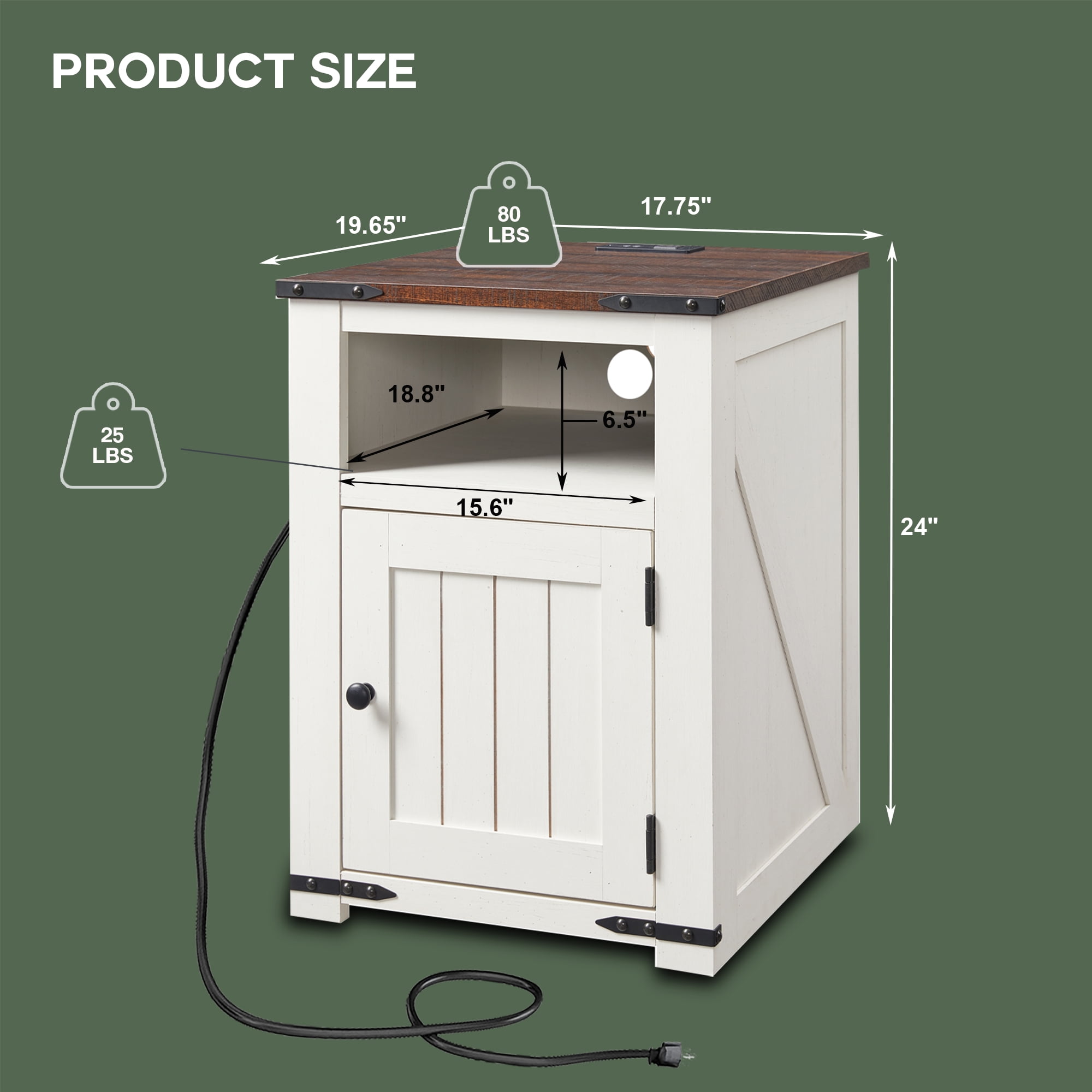 SinCiDo 20" Farmhouse End Table w/Barn Door, Wood Bedside Table, Nightstand with Charging Station