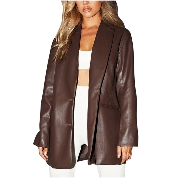 Leather Jackets for Women Fashion Women Outfits Long Sleeve Solid Faux Leather Outwear Jackets Tops Coats