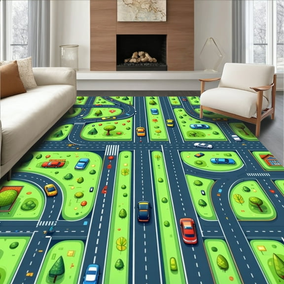ODIKA 4'x6' Machine Washable Non-Slip Area Rug, Interactive Road Traffic Playmat for High Traffic Rug, Blue, 1908