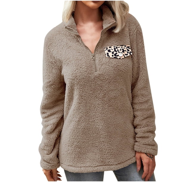 Suéter de felpa suelto con costuras de estampado de leopardo y cremallera con cuello levantado para mujer Fridja ghj987+7038