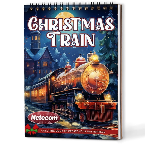 Netecom Christmas Train Coloring Book Spiral Bound For Adults, A5 Wooden Cover, 30 Delightful Coloring Pages of Christmas Trains in Winter Landscapes for Stress Relief and Relaxation