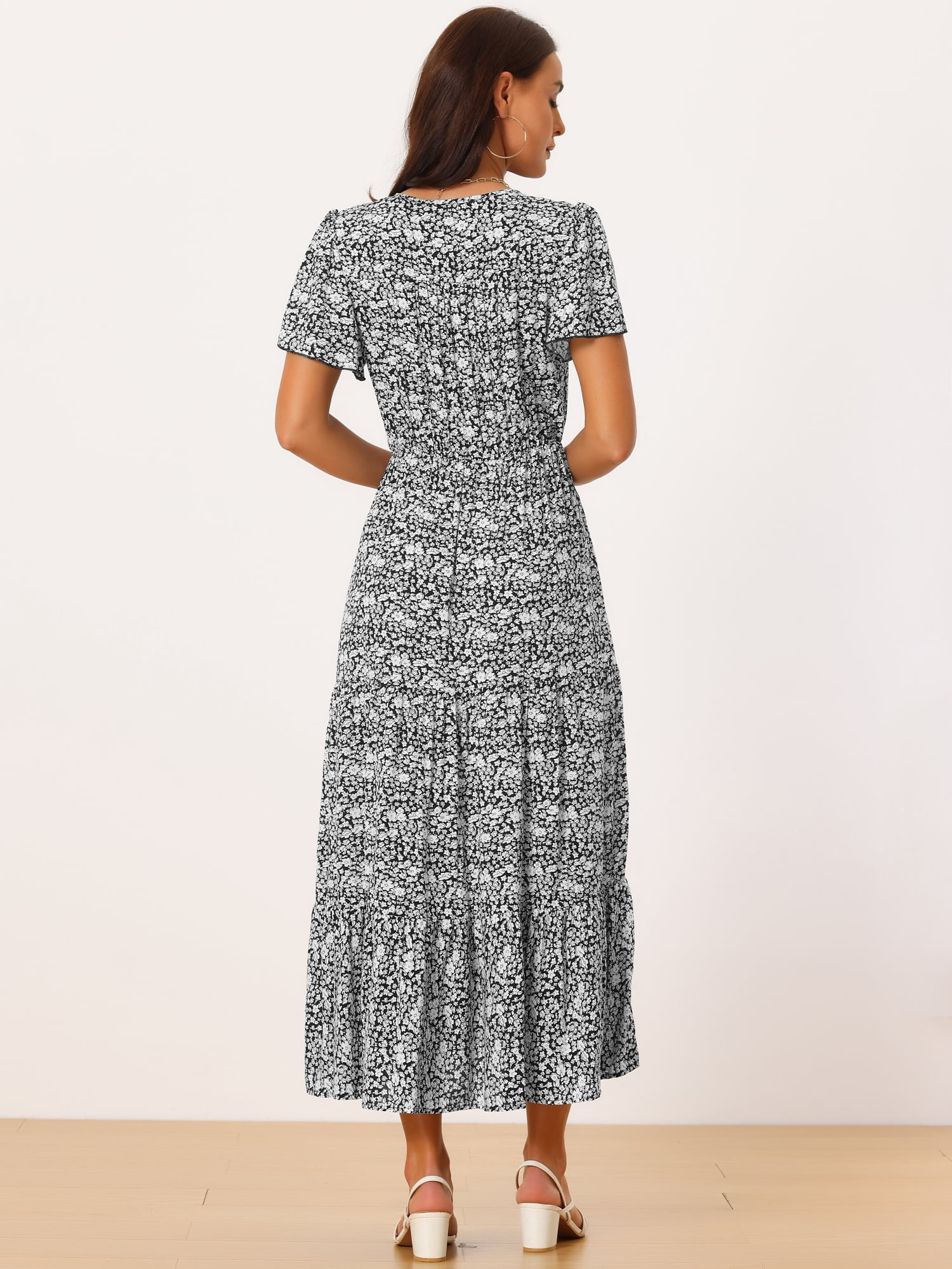DARING DIVA Summer V Neck Split Hem Floral Maxi Dress S Black