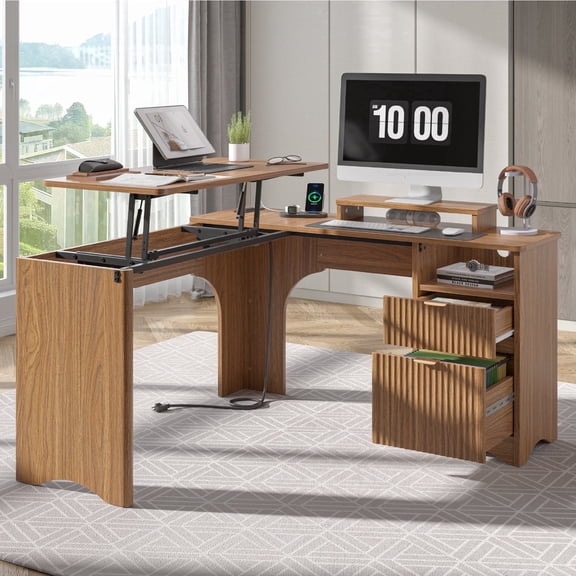 Bestier 55" L-shaped Computer PC Desk Lift Top with Power Outlets Storage Drawers and Monitor Stand, Brown