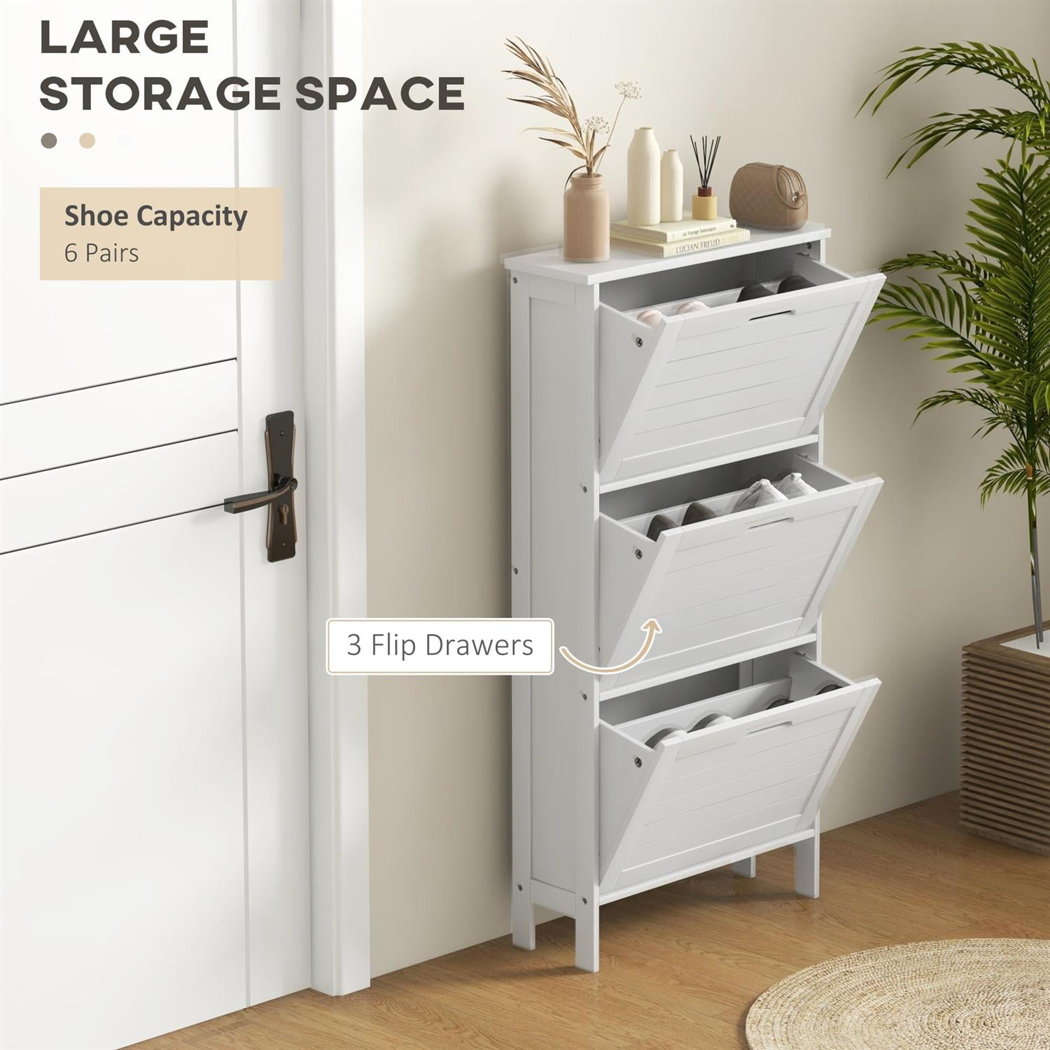 Demi Bonn 42" Shoe Storage Cabinet with Flip Drawers & Louver Doors, Modern Design for Home Use, Storage Solution with 6 Pairs Capacity, White