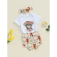 thumbnail image 3 of Nygoyerh Baby Girls Western Summer Outfits Cow Flower Print Short Sleeve Romper + Elastic Waist Shorts + Headband 3Pcs 3M 6M 12M 18M Newborn Infant Cute Shorts Sets, 3 of 9