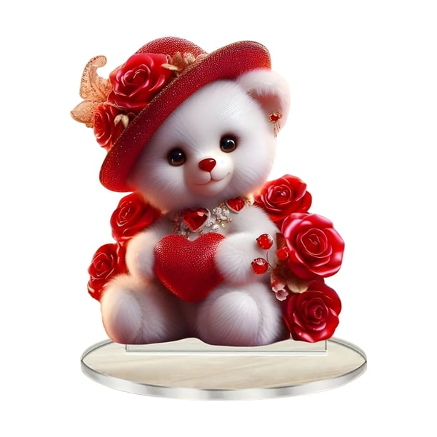 Aooww Valentines Red-Hat Rose Teddy Bear Acrylic Ornament Romantic Table Or Tree Decoration, Love Themed Home Decor, Valentine's Day Gifts For Couples,As Show