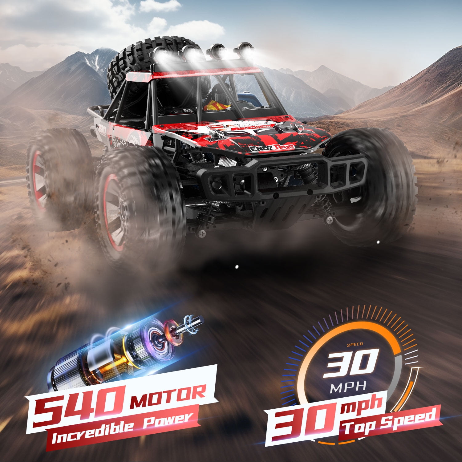 JoyStone 1:10 Large RC Car 35+MPH Hobby Grade Fast RC Truck with Lights, 4WD All Terrain off Road Monster Truck Electric Vehicle with 2 Batteries for Adults Boys, Red