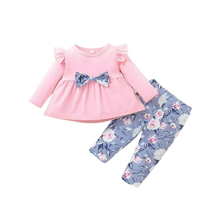 

uukiA 3-18 Months Toddler Baby Girl Ruffle Long Sleeve Round Neck Top And Floral Print Pants 2PCs Outfits Set