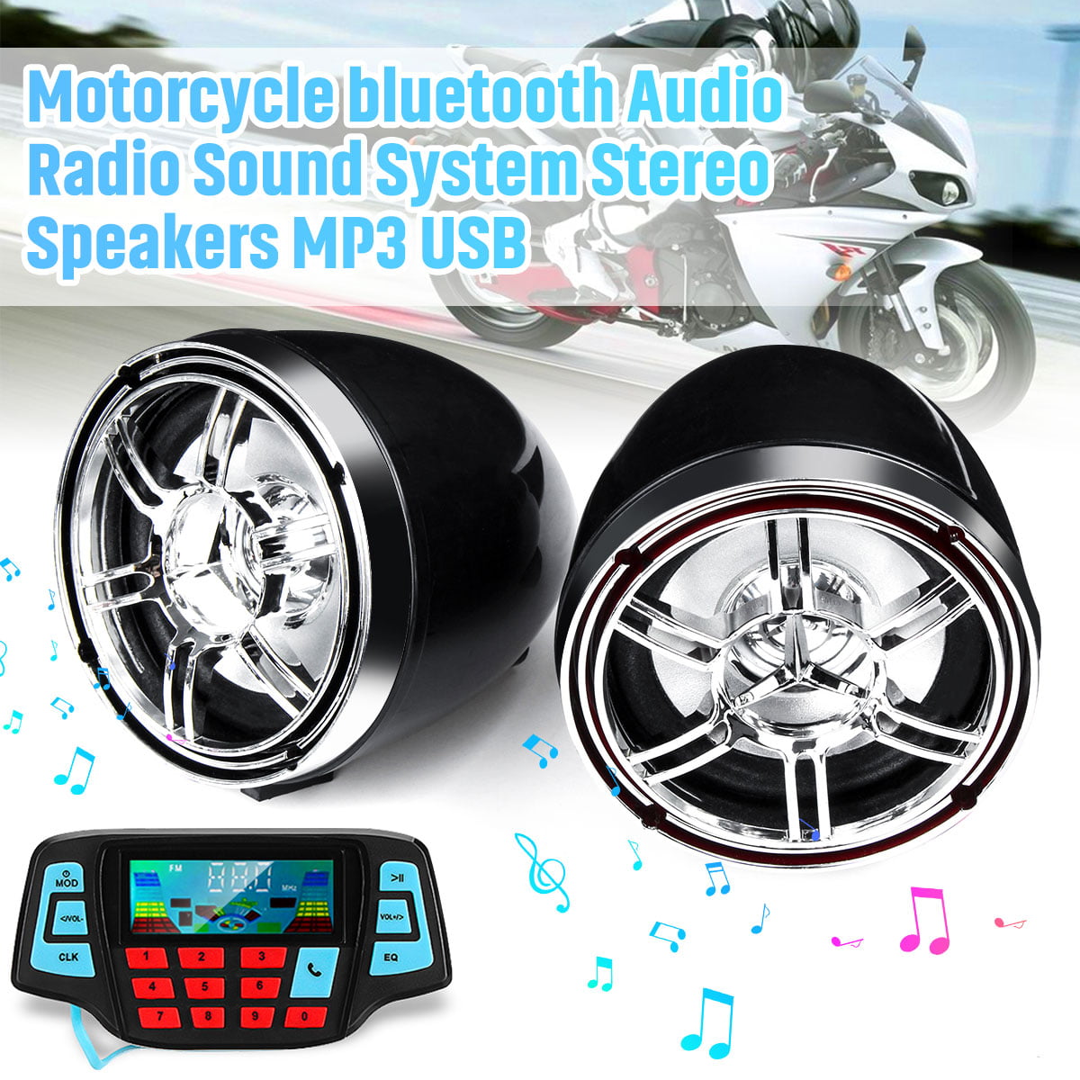 Motorcycle Audio Radio Stereo Speakers MP3 USB SD FM Universal+Remote 