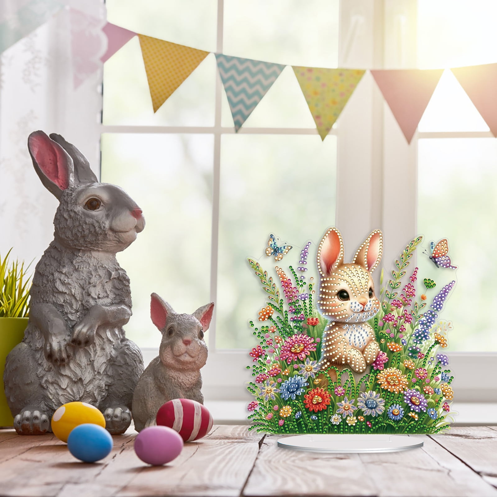 FLOPESN DIY Diamond Art Painting Easter Bunny Ornament Kits with Oval Base, Single-Sided Diamond Painting PET Craft for Home Decor