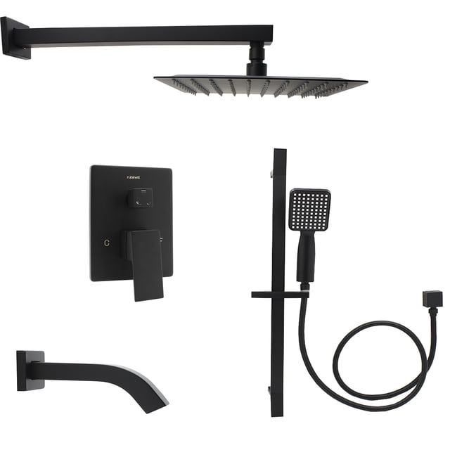 Accesorios Baño Cuadrado Rubinett Regadera Teléfono y Salida De Tina Negro