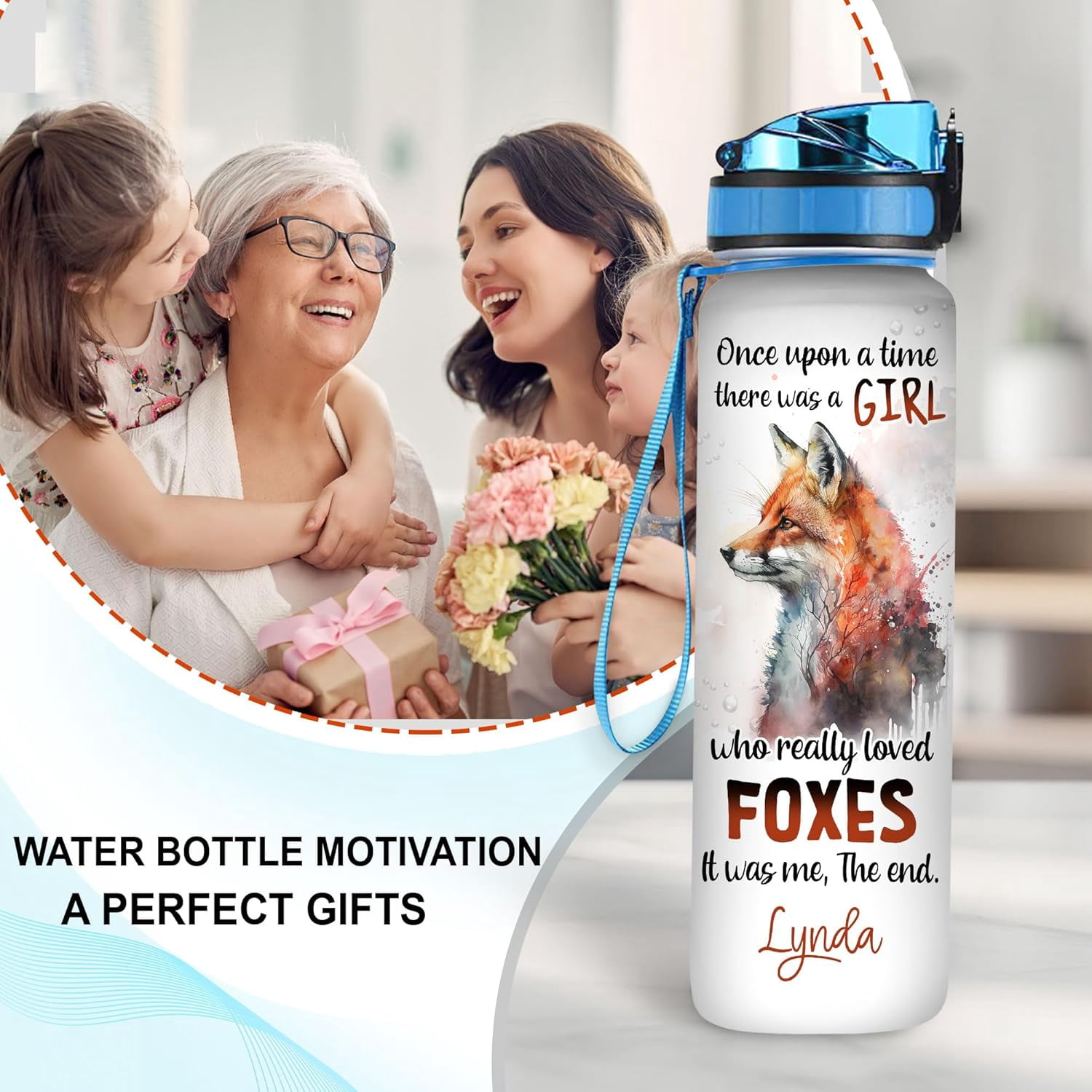 Personalized Fox Lovers 32 Oz 1Liter Motivational Water Bottle, Once Upon A Time Girl Love Foxes Custom Name Water Bottle With Time Marker, Gifts For Women Girl On Birthday, Mother Day's