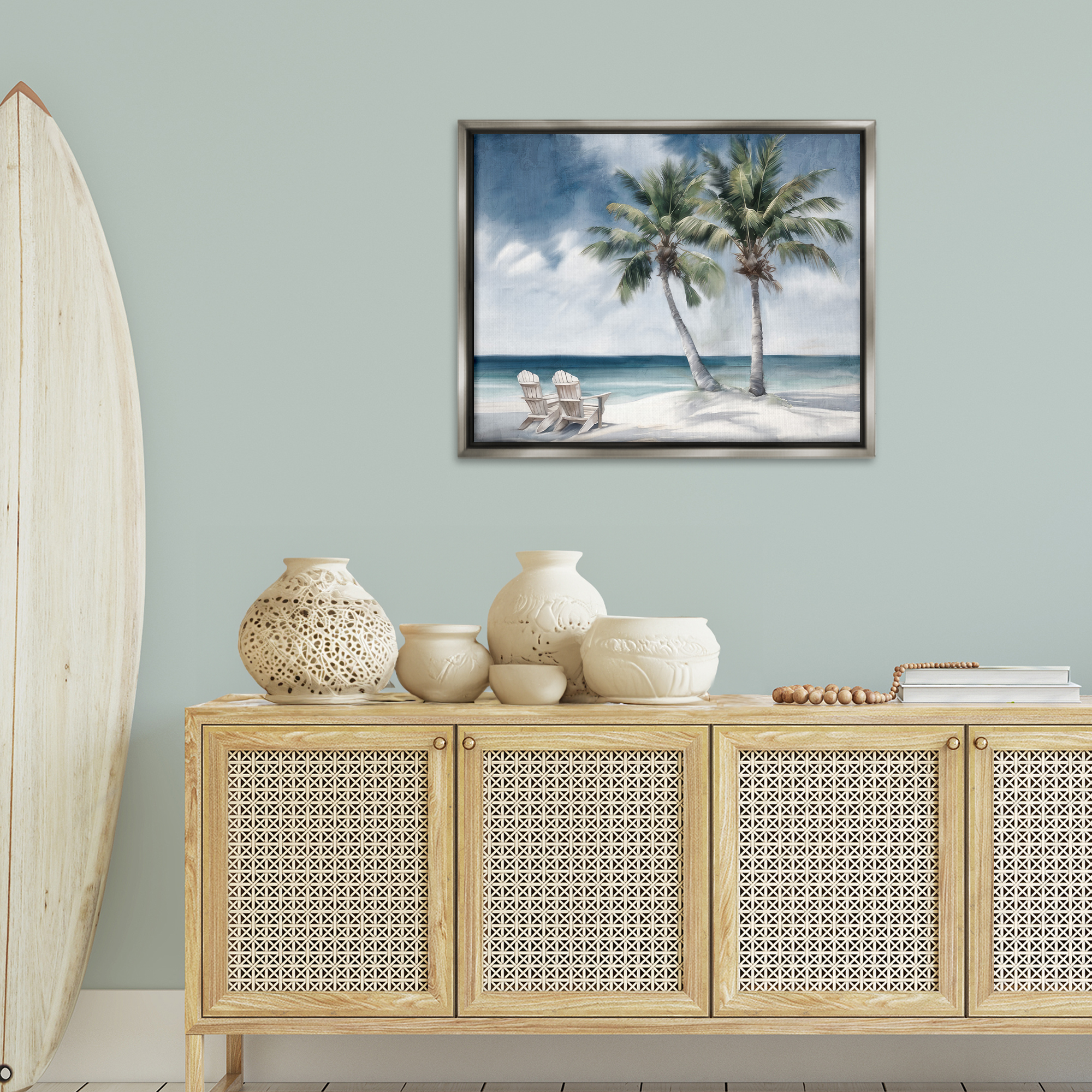 Stupell Industries Peaceful Tropical Landscape Coastal Painting Gray Floater Framed Canvas Art Print Wall Art, 31 x 25