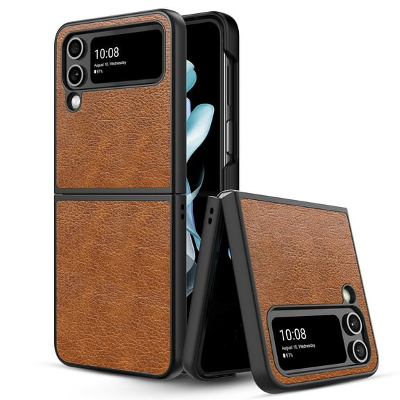 Elegant Choise Phone Case for Samsung Galaxy Z Flip 4 5G Leather Hybrid Hard Shockproof Cover, Brown
