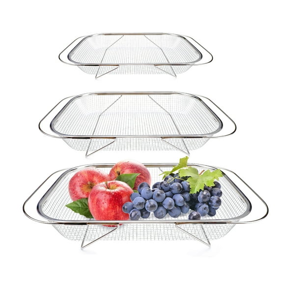 3PCS Stainless Steel Over Sink Colander, Expandable Over the Sink Strainer, Sink Colander for Kitchen Sink, Multipurpose Drain Basket, Sink Accessories,.Kitchen Utensils(3 Sizes)