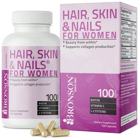 Bronson Hair, Skin & Nails for Women, Biotin, Vitamin A, C, E, B2, B6, 100 Capsules