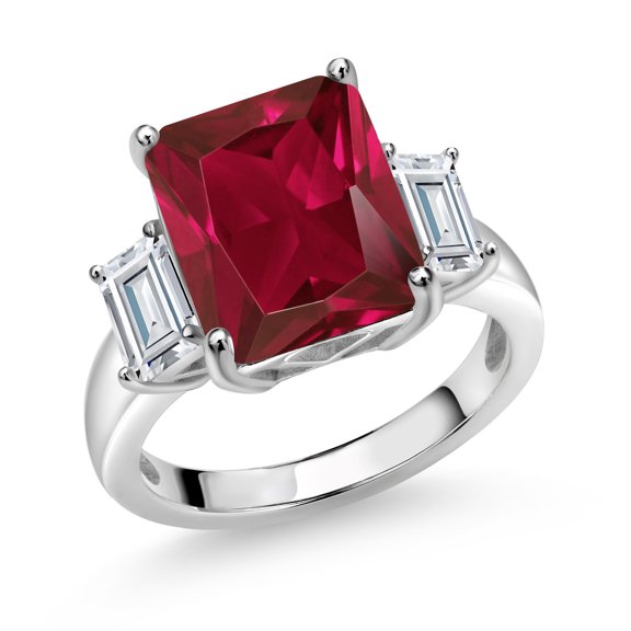 Gem Stone King 925 Sterling Silver Red Created Ruby and White Moissanite 3 Stone Ring for Women (6.84 Cttw, Size 5)