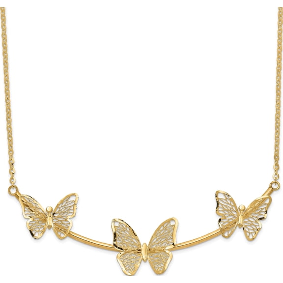 14K Yellow Gold Jbsp's Polished Filigree 3-Butterfly Bar Necklace (18 X 13.25) Made In Italy lf1402-18