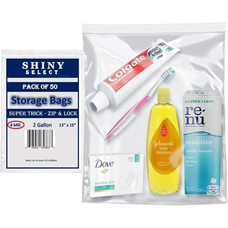 [ Pack of 50 ] Heavy Duty Big 2 Gallon Size Clear Zipper Food Storage Bags, 4 Mill Super Thick Strong Plastic Resealable Top, Airtight, Waterproof, Freezer, Food Storage, Organization (13"x15")