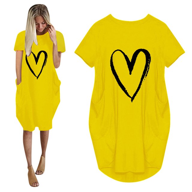 Robes Formelles et de Soirée Aqestyerly Mode Femmes Ample Imprimé Amour Col Rond Poches Robe Décontractée Manches Courtes
