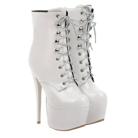 

1Pair Stage Short Boots Woman Patent Leather Shoes High-Heel Boots Lacing Boots