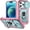 Green+Pink, variant on MYKOMI 3-in-1 Phone Case, Slide Camera Cover Heavy Duty Armor Style Case with Rotate Ring Stand for iPhone 13 Pro Max Case