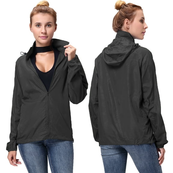 Front-Zip Hooded Rain Jacket for Women Ultra Thin Outdoor Packable Lightweight Windbreaker Quick Dry Comfortable Warm Windproof Sports Jacket Portable Sun Protection