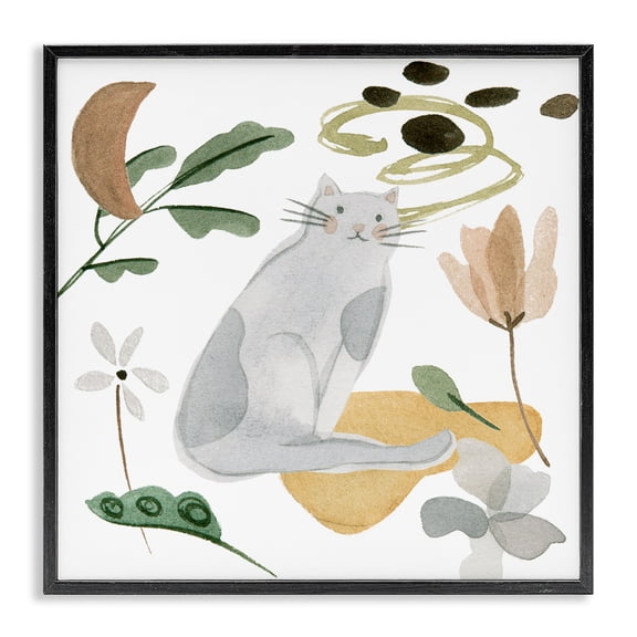 Stupell Industries Cottage Floral Happy Cat Botanicals Black Framed Giclee Art, 17 x 17, by Melissa Wang