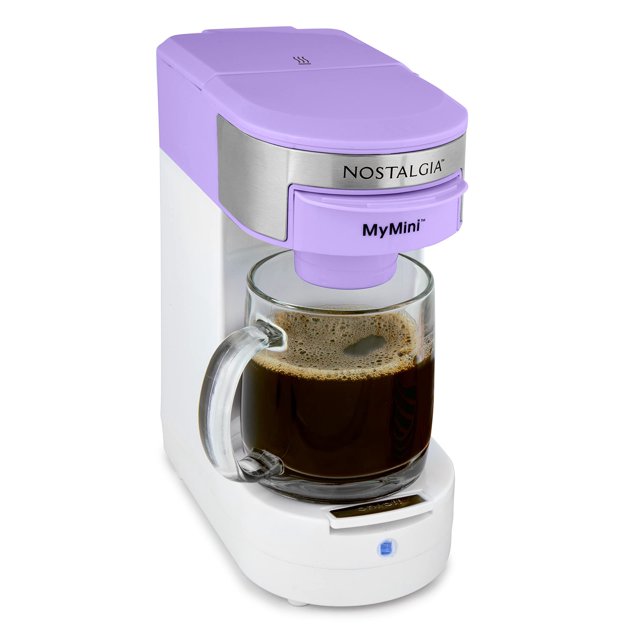 Nostalgia MyMini cafetera individual, prepara K-Cup y otras cápsulas, sirve hasta 14 onzas, té, chocolate, sidra caliente, café con leche, cesta de filtro reutilizable incluida, lavanda