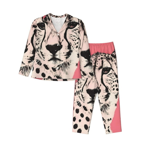 Fotbe Pink Cheetah Art Conjunto de Pijama de Manga Larga para Mujer con Estampado, Ropa de Dormir de 2 Piezas, Conjunto de Casa Suave y Cómodo con Bolsillos-Small