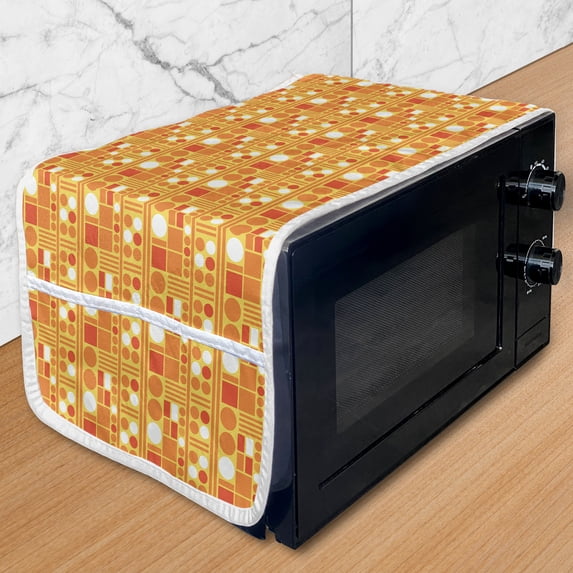 Orange Microwave Oven Cover, Continuous Monochrome Style Circles Bands Squares and Rectangles Pattern, Water Resistant Organizer with Pockets Kitchen, 36" x 12", White and Earth Yellow, by Ambesonne