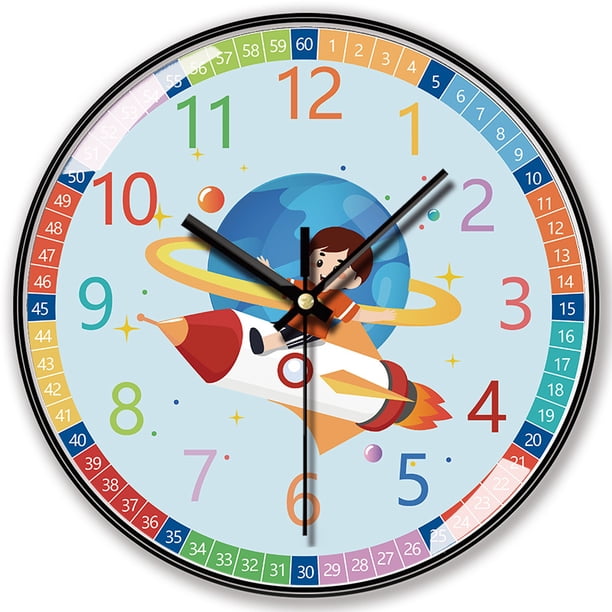 Reloj de pared para niños, aprendizaje educativo, tema espacial de 10 pulgadas