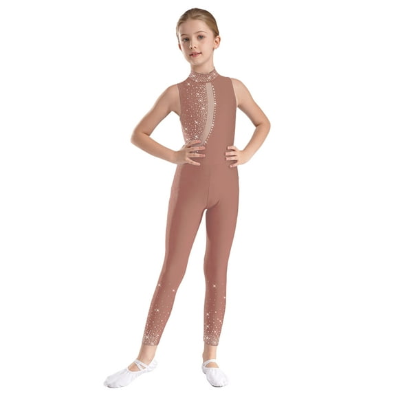 Jizyo Kids Girls Sleeveless One Piece Jumpsuit Tank Unitard Full Body Gymnastics Leotard Shiny Catsuit Dusty Pink 6