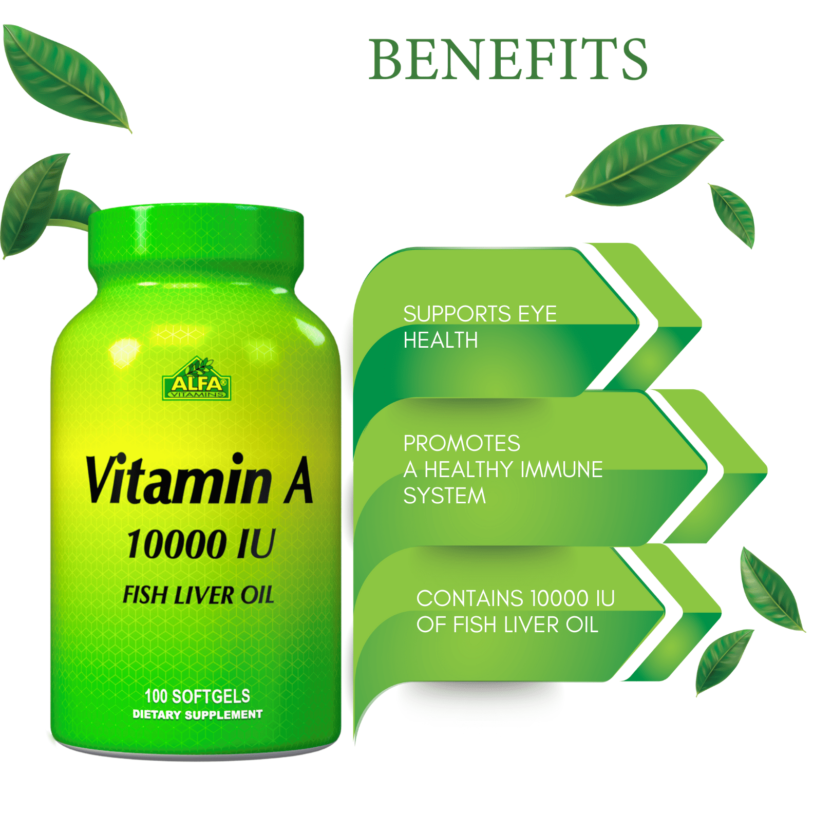 ALFA VITAMINS - Vitamin A - Fish Liver Oil 10,000 IU - Daily Dietary Supplement Helps Supports Vision, Skin and Immune System - 100 Softgels