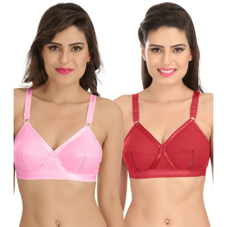 

Ossirrio Women Everyday Comfort Full Cup Bra Non Wired Plus Size Cotton Bra Pack of 2 Pink and Maroon
