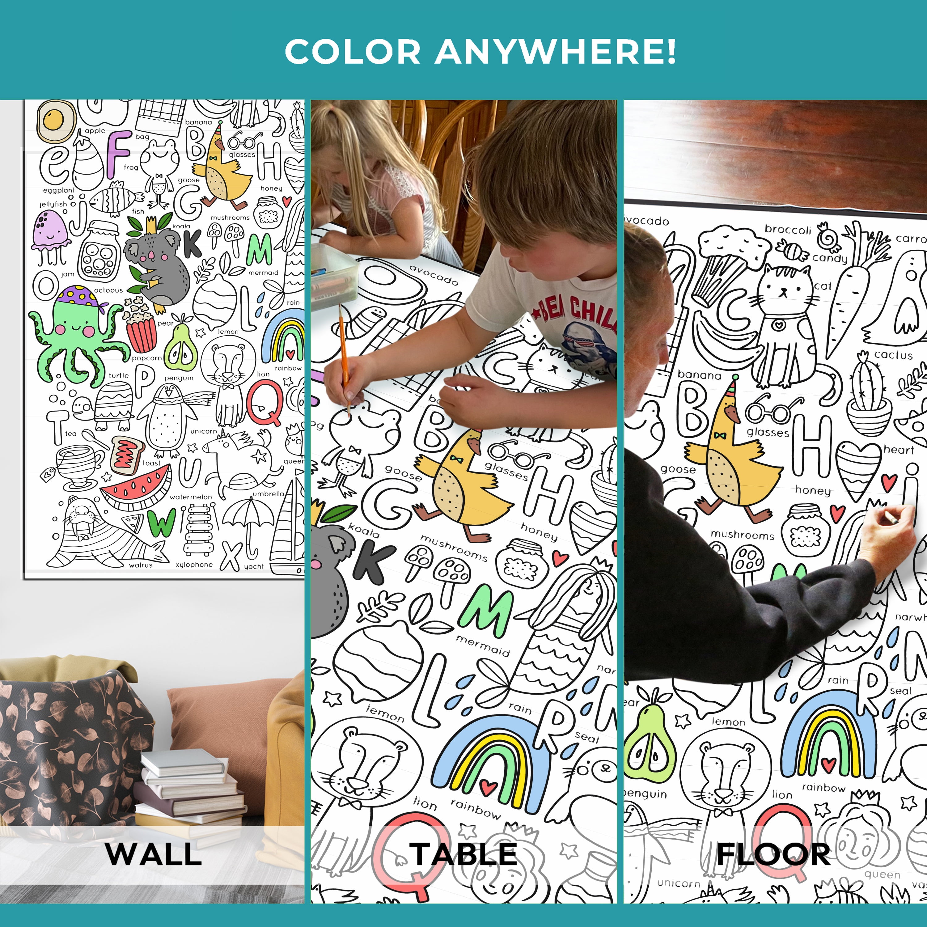 Giant Coloring Poster - Premium Jumbo Coloring Sheets for Kids & Adults with Thick Bleed-Resistant Pages, Use on Floor, Wall, or as Table Cloth, Use With Alcohol Based Markers (60” x 42”, ABC)