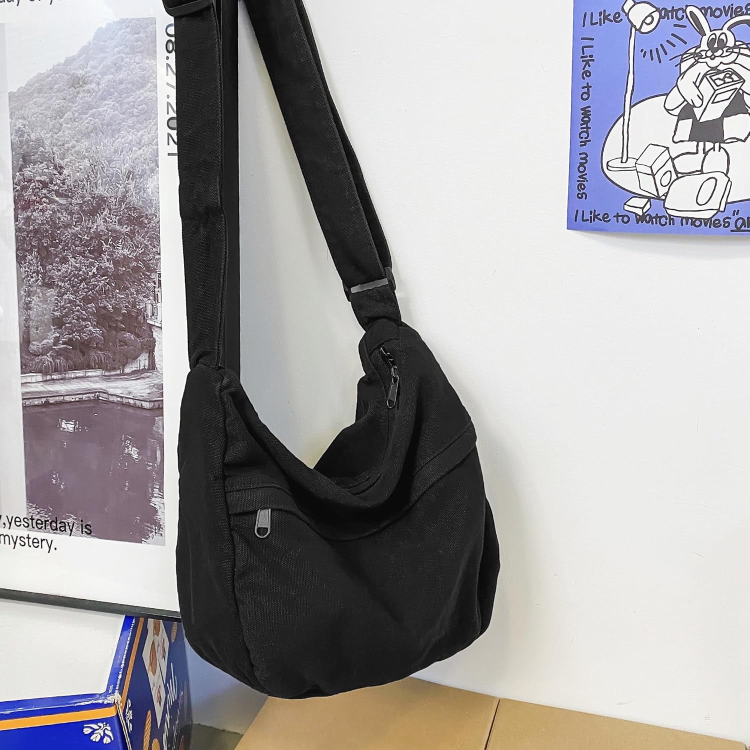 Canvas Messenger Bag Large Hobo Crossbody Bag with Zipper Casual Shoulder Tote Handbag for Women and Men