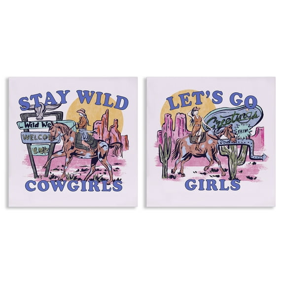 Stupell Industries Pink Cowgirl Phrases Entertainment Painting Wrapped Canvas Art Print Wall Art, 17 x 17, Set of 2