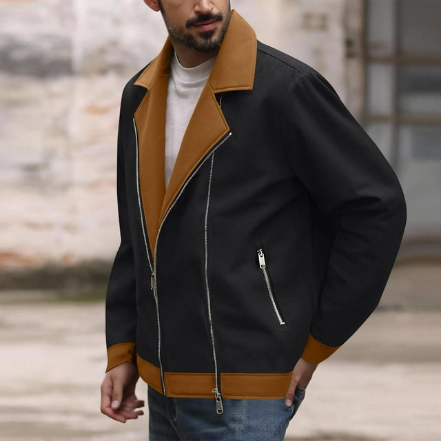 Men's Fashion Motorcycle Jacket with Zippered Pockets and Unlined Collar for Casual Style