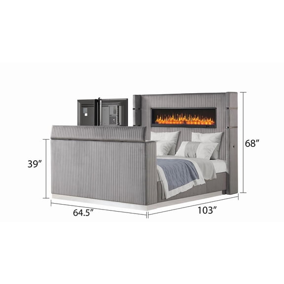 Lavish Modern Style Queen Bed Made with Fireplace in Headboard & TV stand in Footboard with Wood in Grey (NJ Inventory)